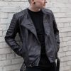 Mens Biker Quilted Leather Jacket Black Fall Fashion