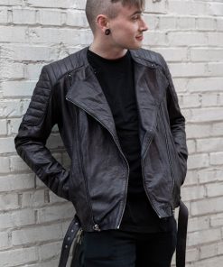 Mens Biker Quilted Leather Jacket Black Fall Fashion
