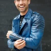 Mens Quilted biker Leather Motorcycle Jacket Blue
