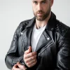 Mens Quilted Leather Motorcycle Jacket Black