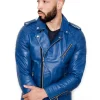 Mens Quilted biker Leather Motorcycle Jacket Blue