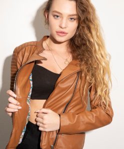 Womens Quilted Leather Motorcycle Jacket Light Brown