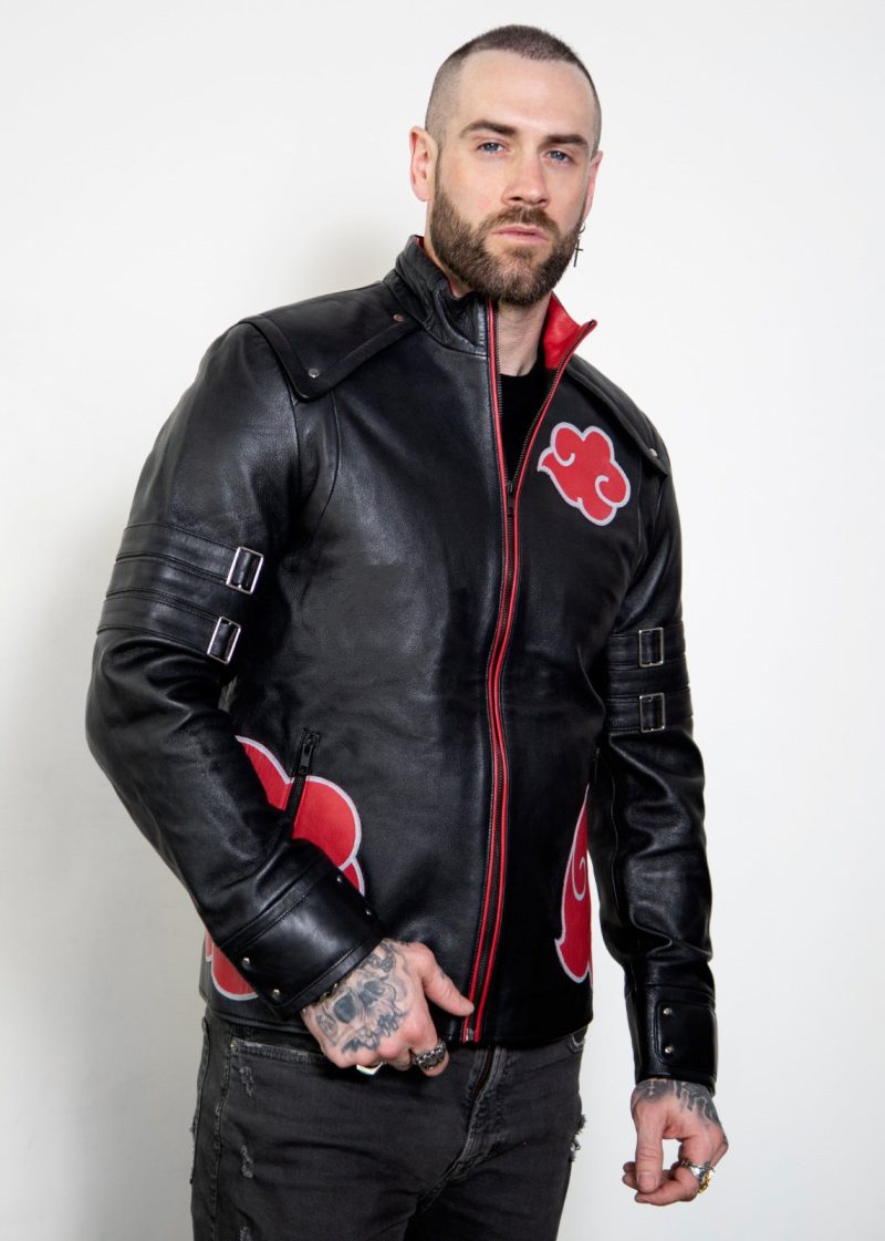 Mens Naruto Akatsuki Cloak Black Leather Jacket
