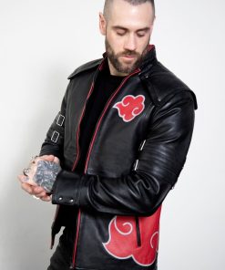 Mens Naruto Akatsuki Cloak Black Leather Jacket
