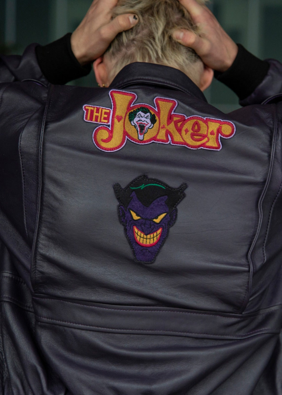 Mens Joker DC Purple Bomber Leather Jacket Harley Quinn Comic Classic