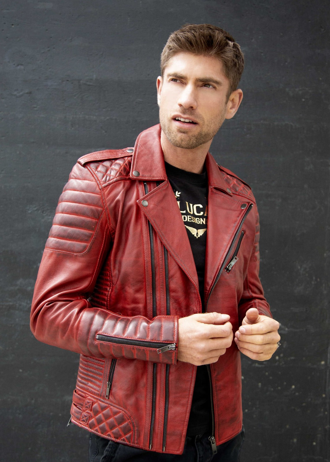 Mens Red Quilted Biker Leather Motorcycle Jacket