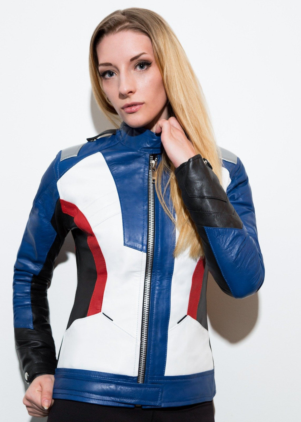 Women Soldier 76 Leather Jacket Blue Overwatch Cosplay Motocross Outerwear Luca Designs