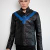 Mens Dick Grayson Nightwing Black Leather  Moto Jacket Eagle Blue
