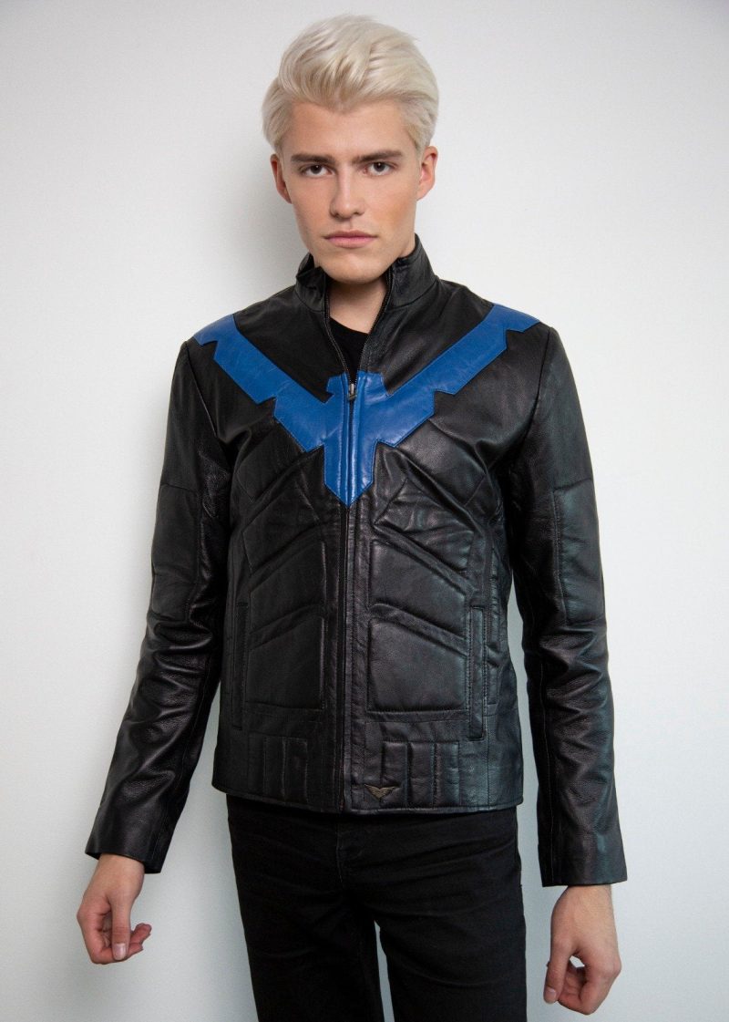 Mens Dick Grayson Nightwing Black Leather  Moto Jacket Eagle Blue