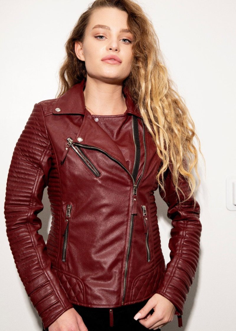Womens Quilted Leather Motorcycle Jacket Maroon