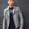 Mens Bright Grey Quilted Biker Leather Motorcycle Jacket Gray