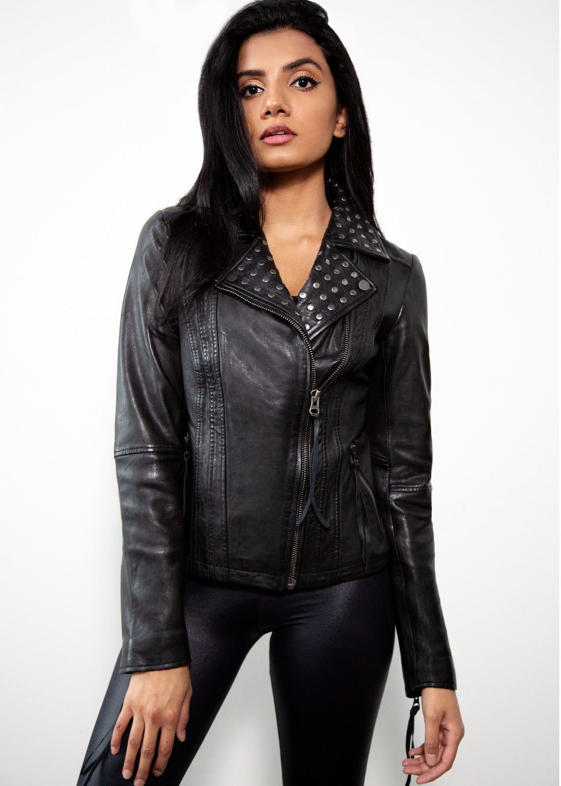 Womens Studded Black Moto Leather Jacket Studs on Collar