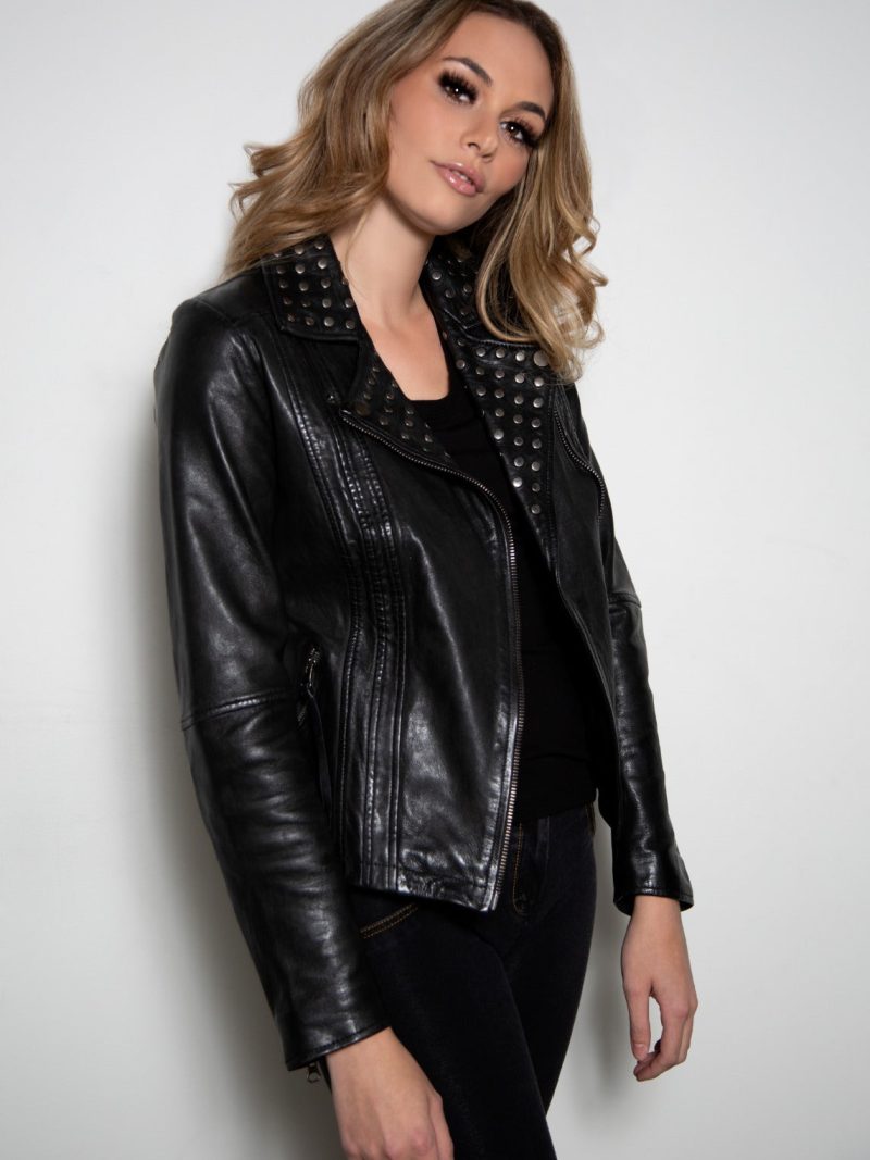 Womens Studded Black Motorcycle Leather Jacket