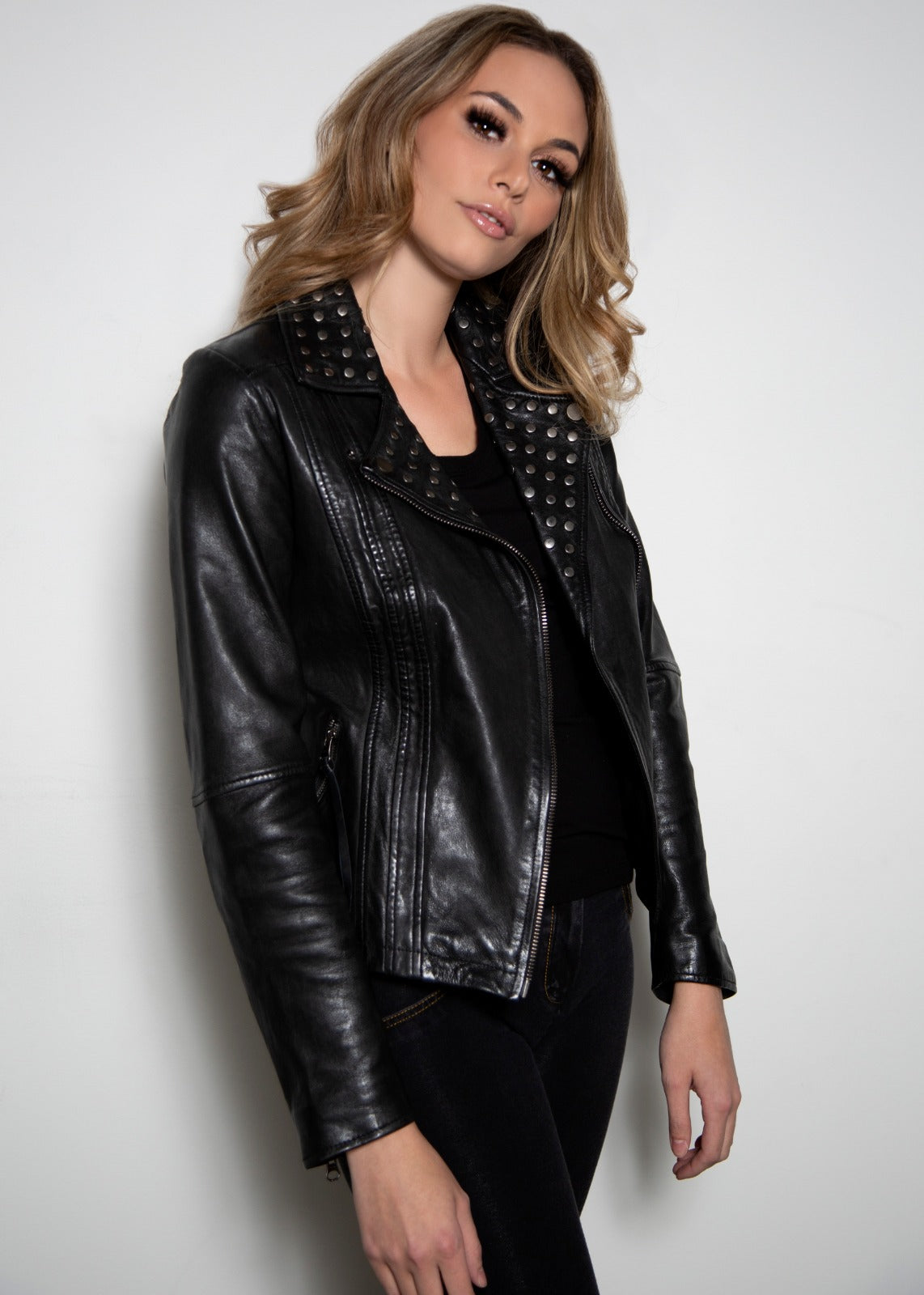 Womens Studded Black Motorcycle Leather Jacket