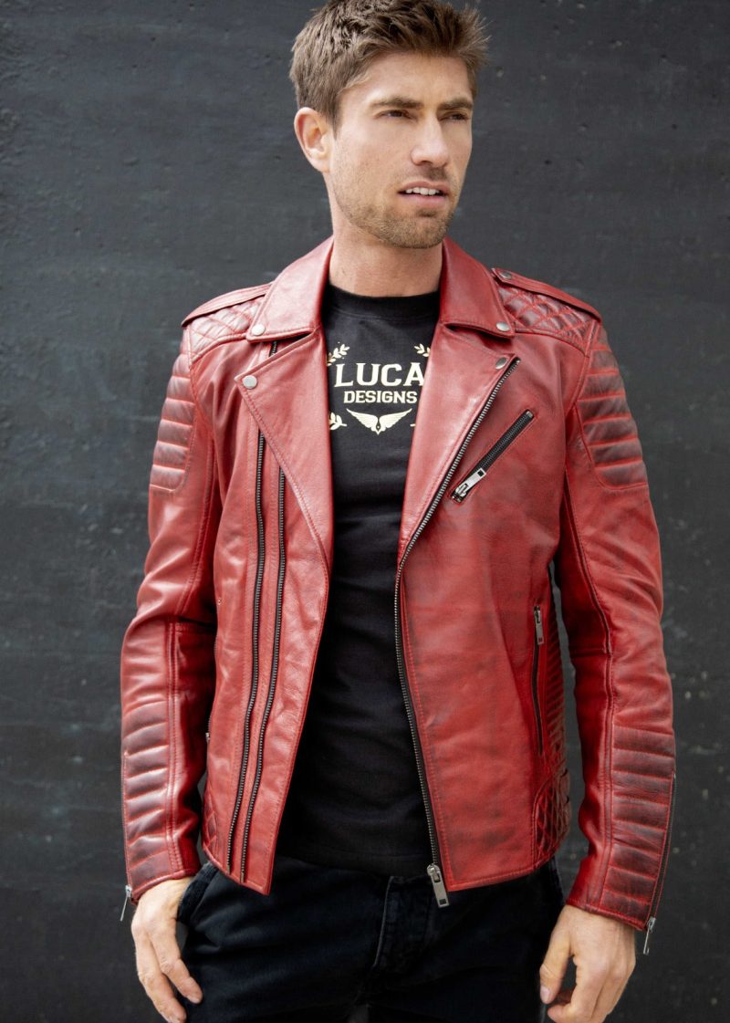 Mens Red Quilted Biker Leather Motorcycle Jacket