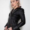 Womens Quilted Motorcycle Biker Leather Jacket Black