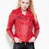 Womens Quilted Leather Motorcycle Jacket Red