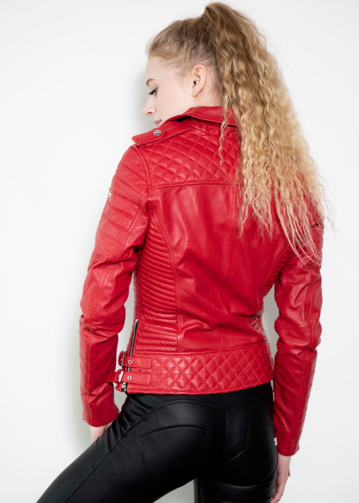 Womens Quilted Leather Motorcycle Jacket Red