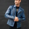 Mens Quilted biker Leather Motorcycle Jacket Blue