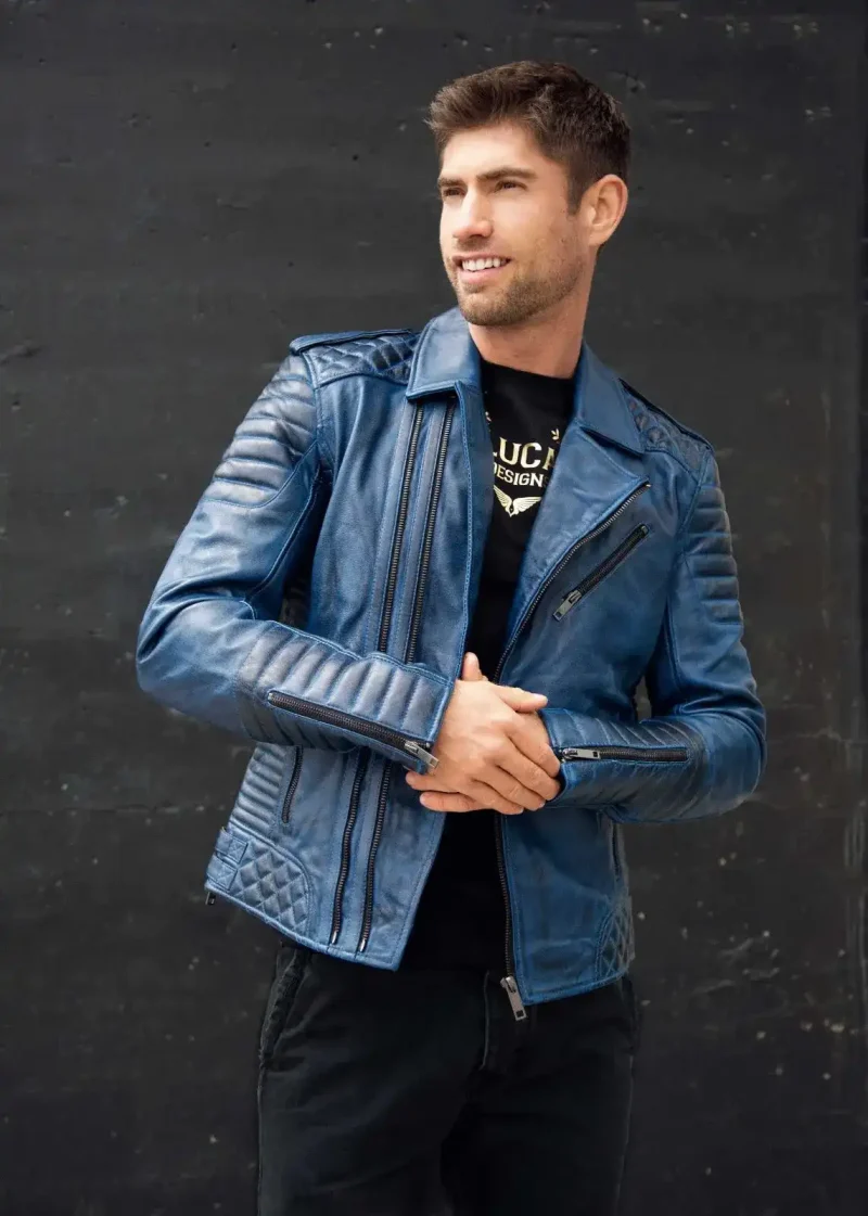 Buy Mens Quilted Leather Motorcycle Jacket Blue | LucaJackets