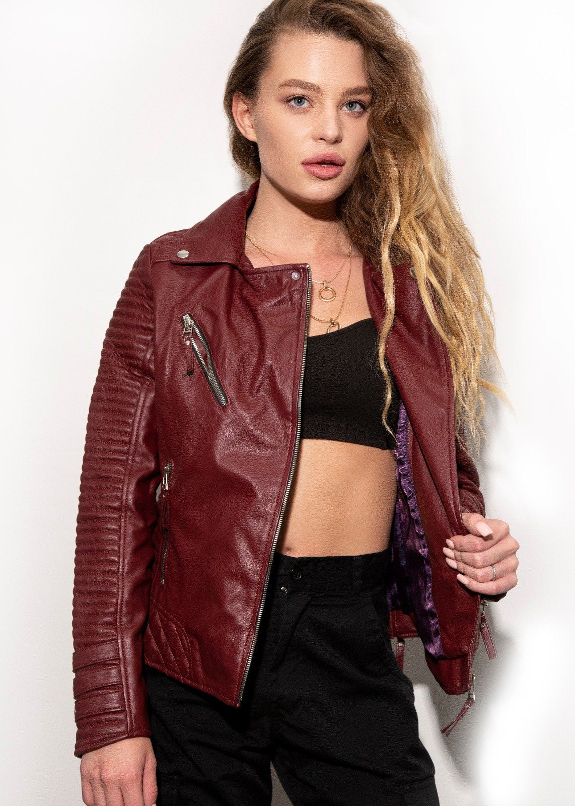 Womens Quilted Leather Motorcycle Jacket Maroon