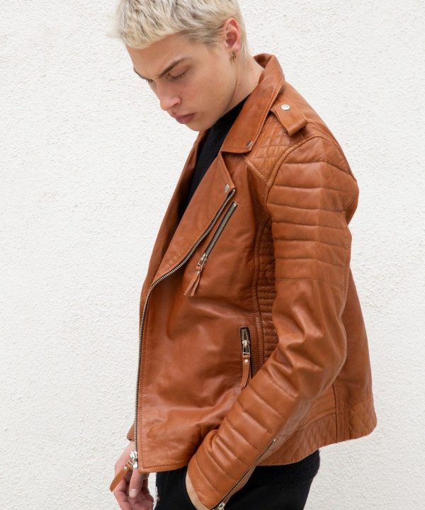 Mens Quilted Leather Motorcycle Jacket Caramel Brown