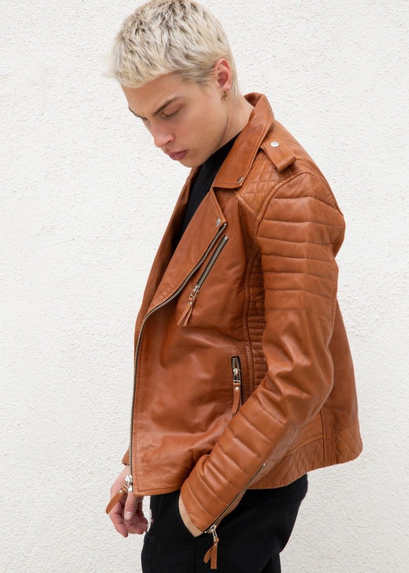 Mens Quilted Leather Motorcycle Jacket Caramel Brown