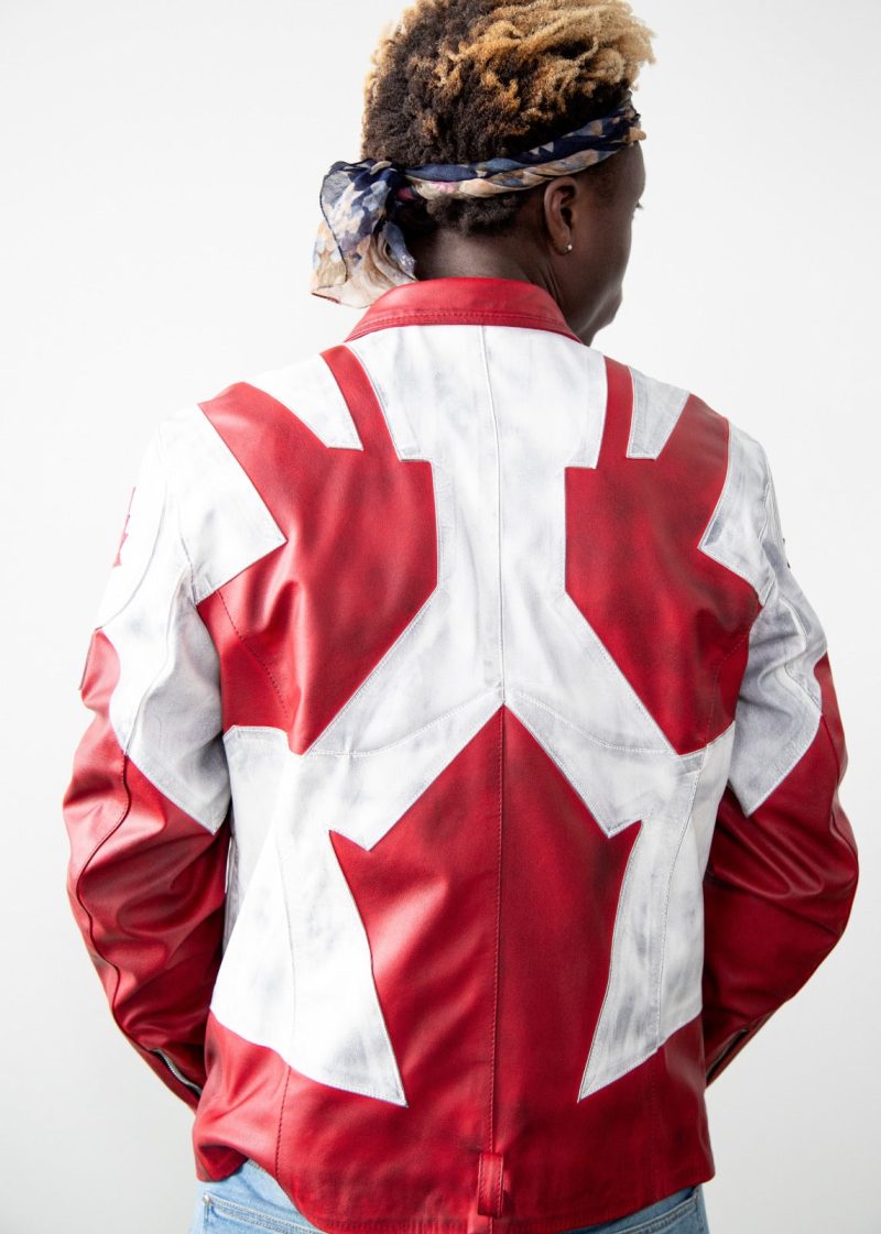 Mens Captain Canuck Comic Red White Leather Jacket Back