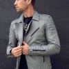 Mens Bright Grey Quilted Biker Leather Motorcycle Jacket Gray