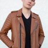 Mens Quilted Leather Motorcycle Jacket Caramel Brown