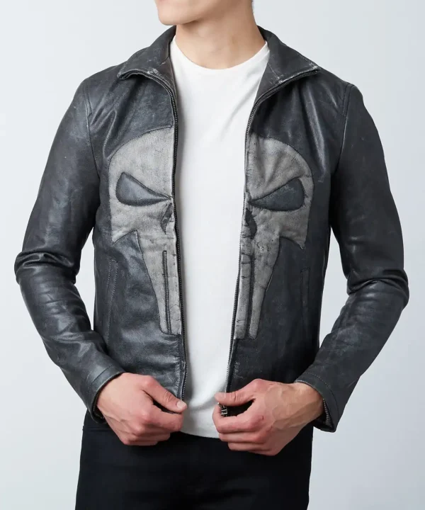 Mens Frank Castle Punisher Leather Jacket Skull Embossed
