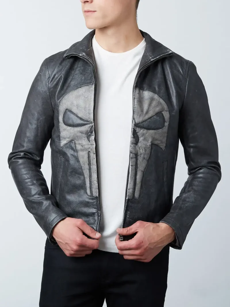 Mens Frank Castle Punisher Leather Jacket Skull Embossed