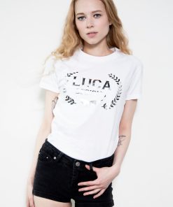 Womens White Designer Tshirt with Chrome Luca Designs Logo Brand emblem French Terry Cotton