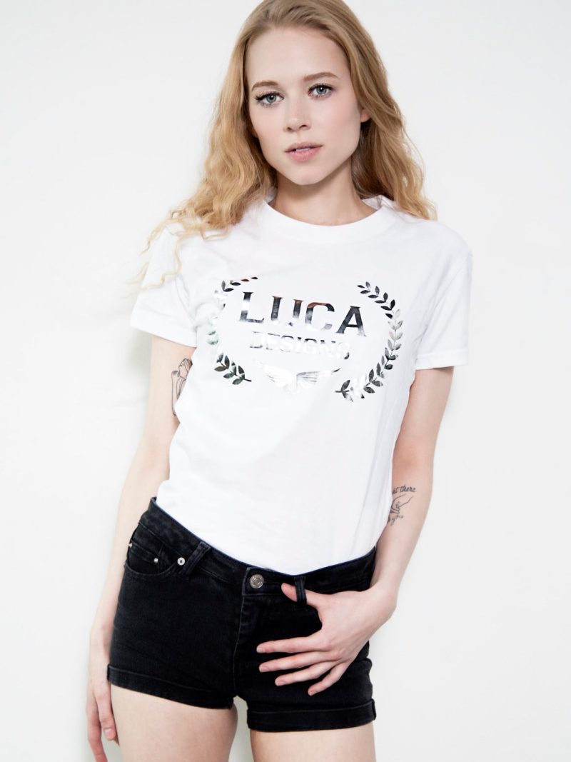 Womens White Designer Tshirt with Chrome Luca Designs Logo Brand emblem French Terry Cotton