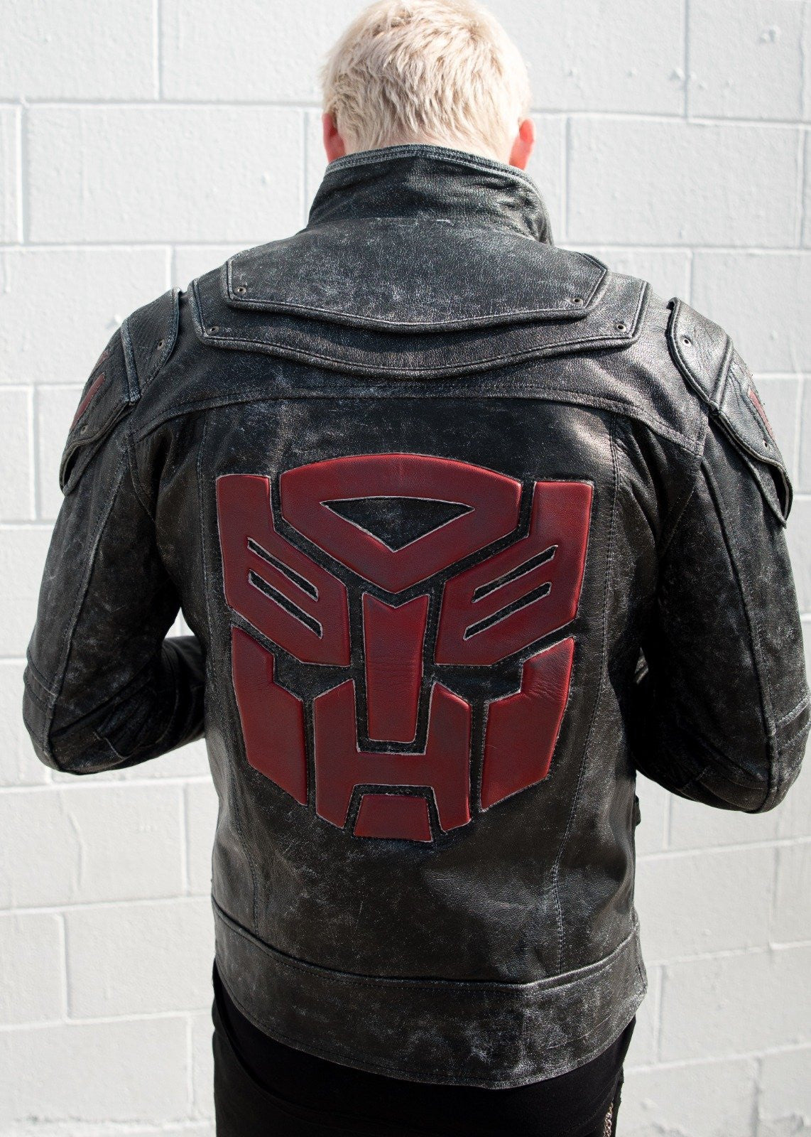 Mens Transformers Autobot Shield Leather Jacket Black Armor