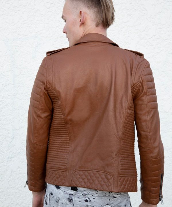 Mens Quilted Leather Motorcycle Jacket Caramel Brown