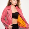 Womens Quilted Leather Motorcycle Jacket Pink Fashion