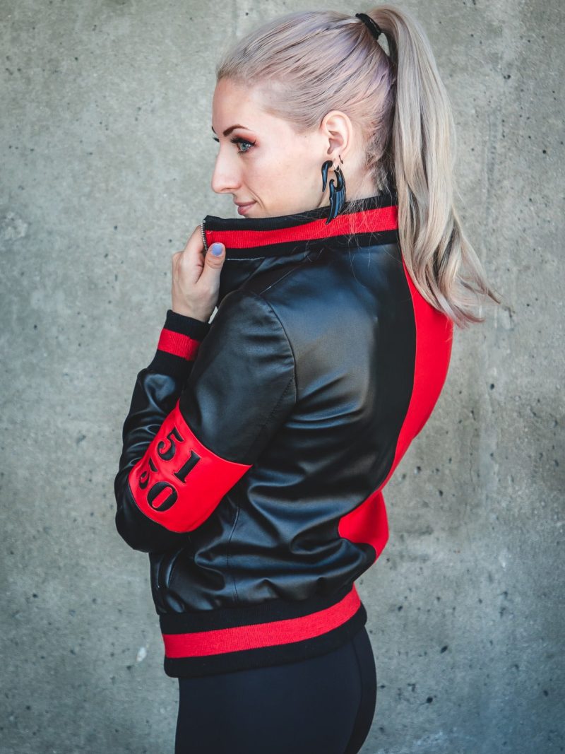 Womens Harley Quinn Leather Jacket Black and Red