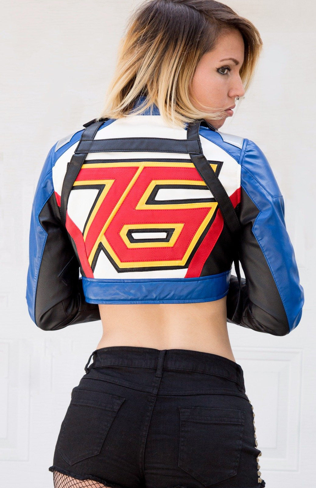 Womens Soldier 76 Crop Top Leather Jacket Gold Blue Black Green