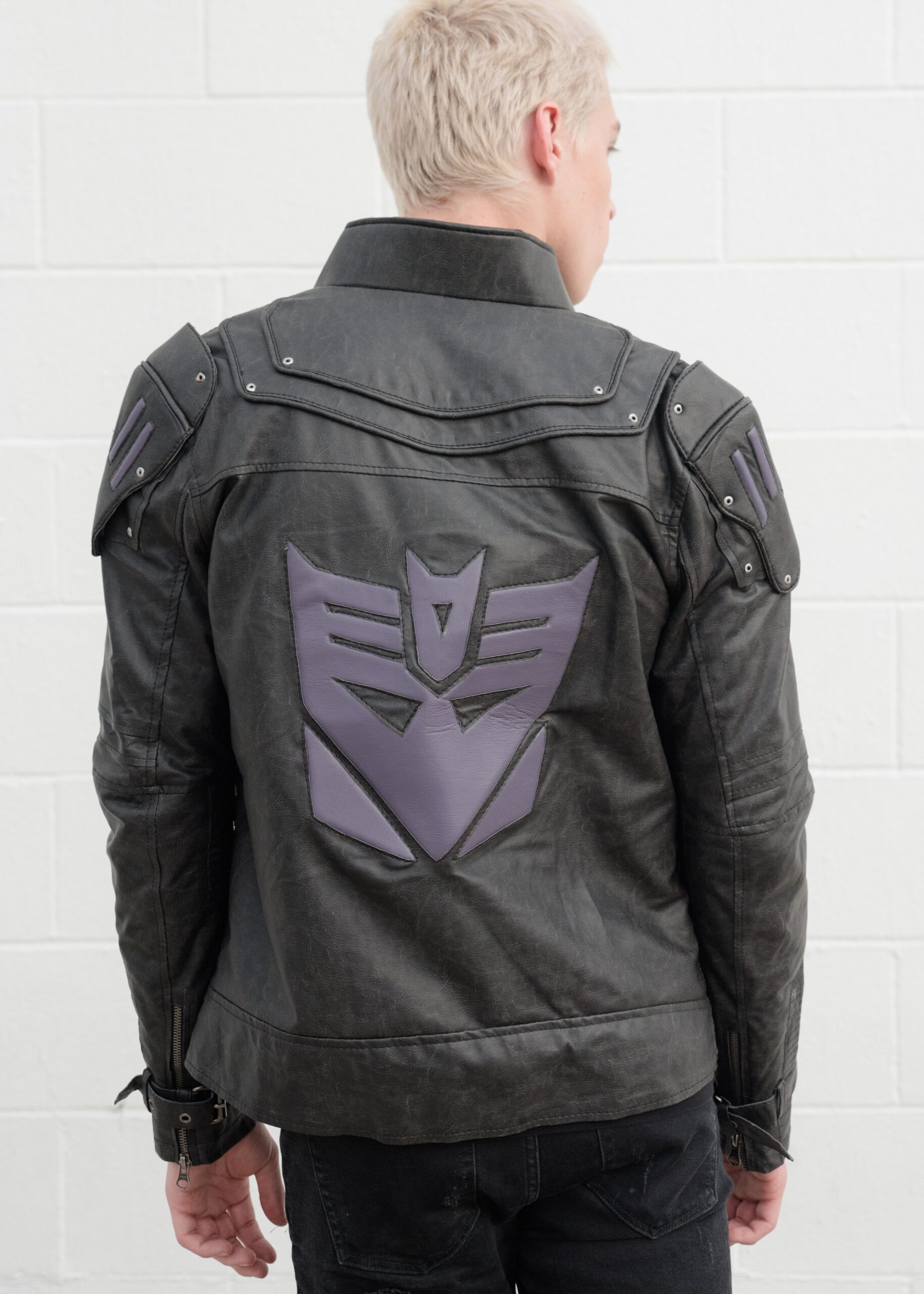 Mens Transformers Decepticon Shield Leather Jacket Black Armor