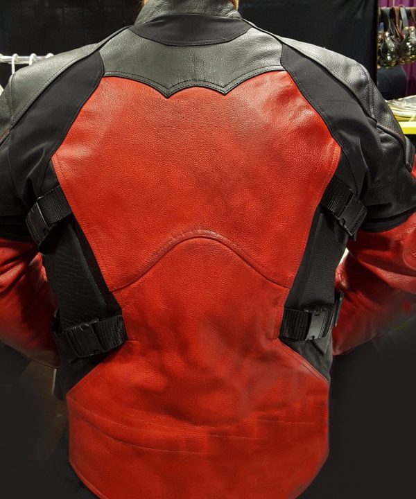 Mens Deadpool Leather Motorcycle Jacket Red and Black Armored