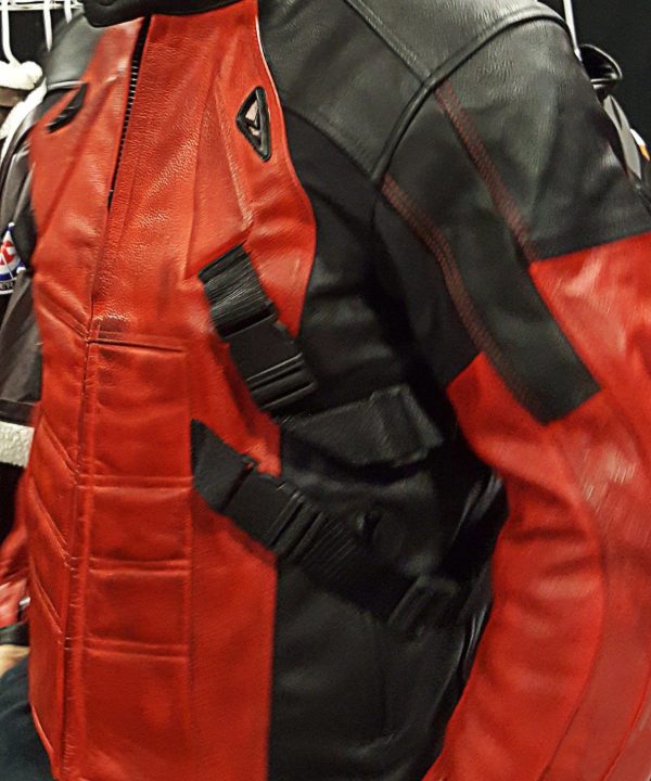 Mens Deadpool Leather Motorcycle Jacket Red and Black Armored