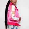 black barbie pink flower bomber jacket