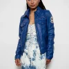 womens future trunks blue leather jacket
