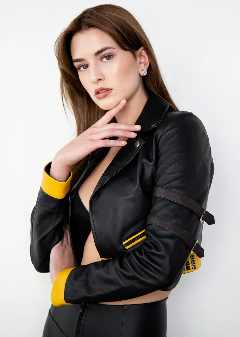 Luca Designs Womens Black & Yellow Cropped Leather Jacket - S / Vegan Leather