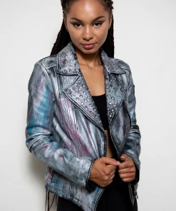Womens Hand-painted Metallic Color Splash Leather Jacket