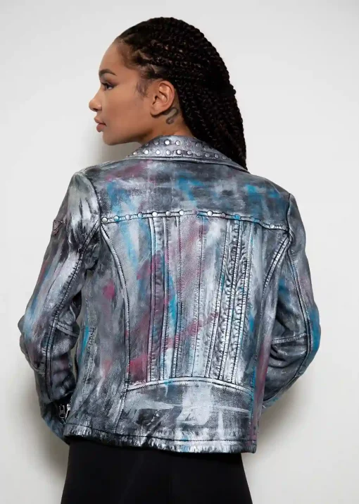 Womens Hand-painted Metallic Color Splash Leather Jacket
