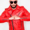 Mens Quilted Biker Leather Motorcycle Jacket Red