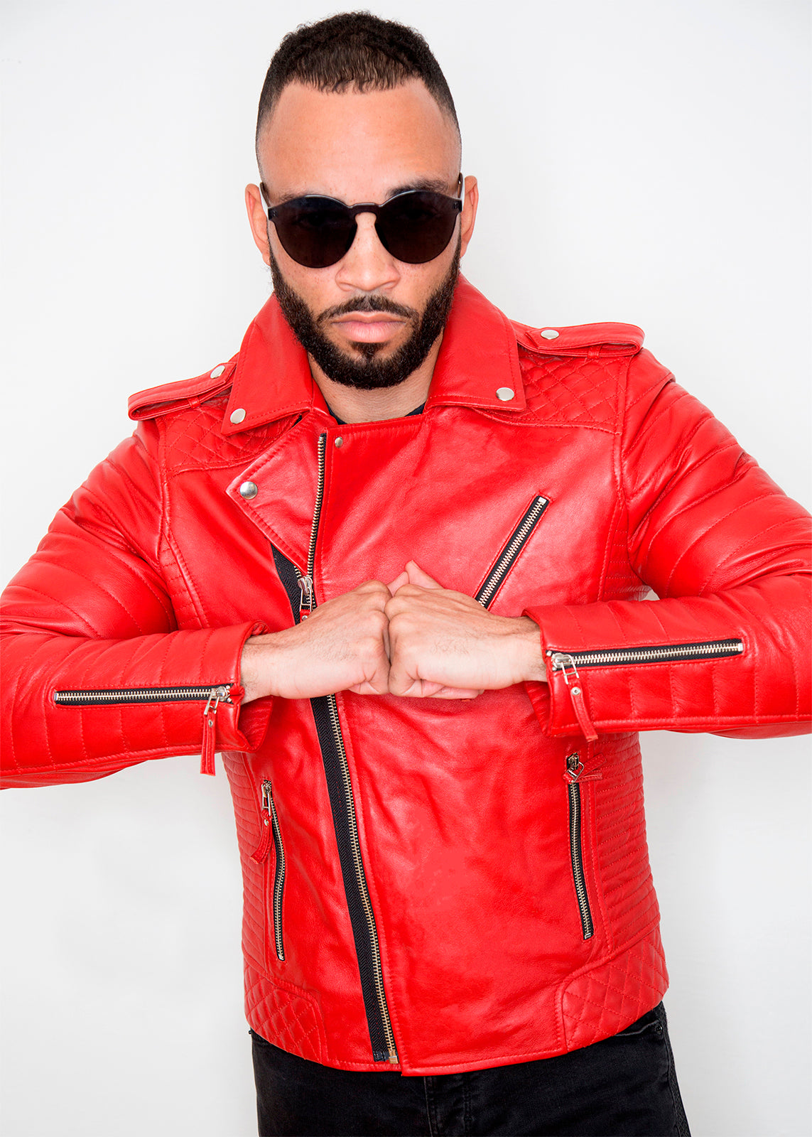 Mens Quilted Biker Leather Motorcycle Jacket Red