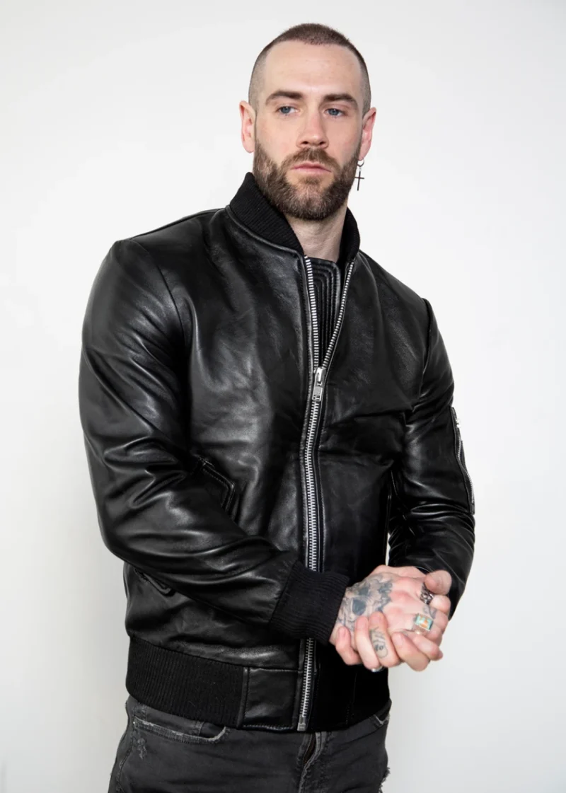 black leather bomber for men